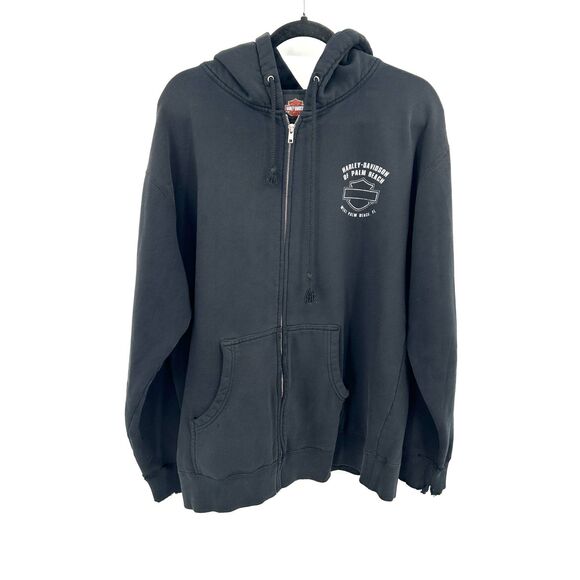 HARLEY DAVIDSON *Flawed* Black Palm Beach Eagle Graphic Hoodie Jacket Large - Picture 2 of 11